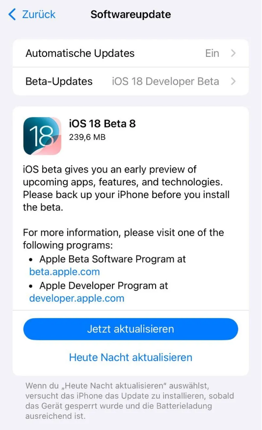 文水苹果手机维修分享苹果 iOS / iPadOS 18 开发者预览版 Beta 8 发布 